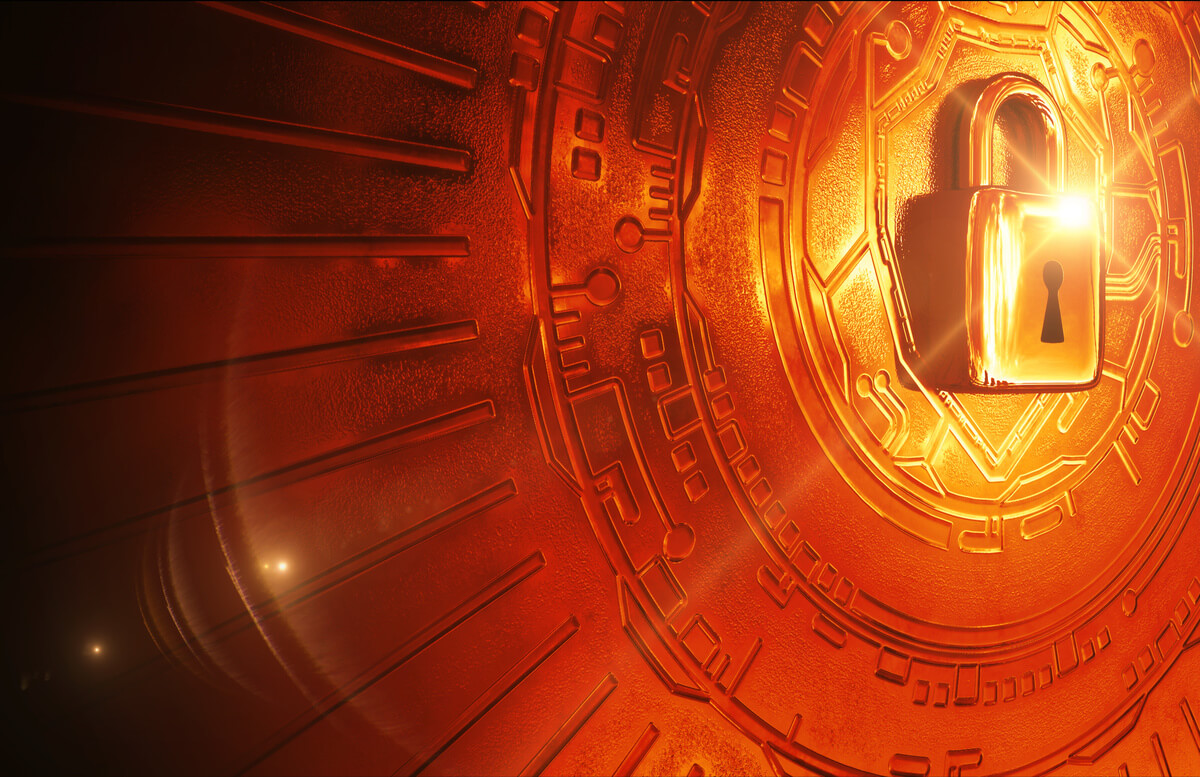 A glowing orange padlock is set against a circular, tech-inspired background with intricate patterns, conveying security and encryption.