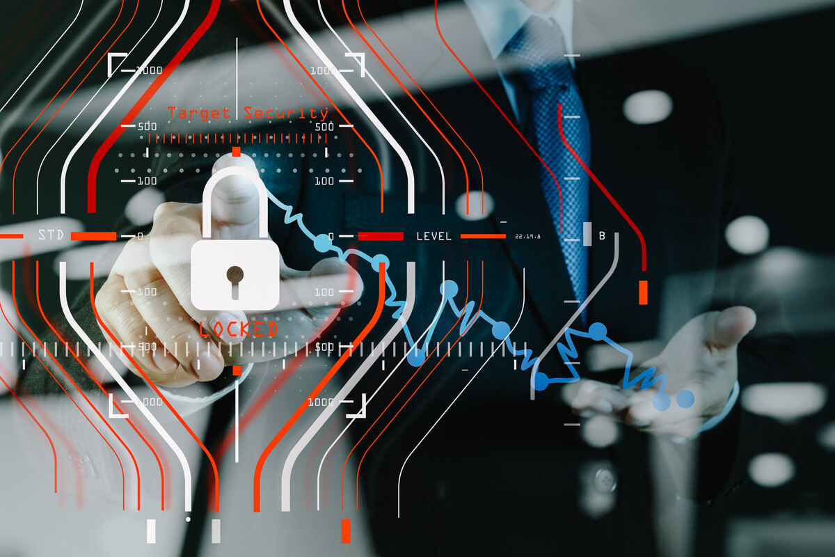 A person in a suit interacts with digital security graphics, featuring a padlock icon and data lines.