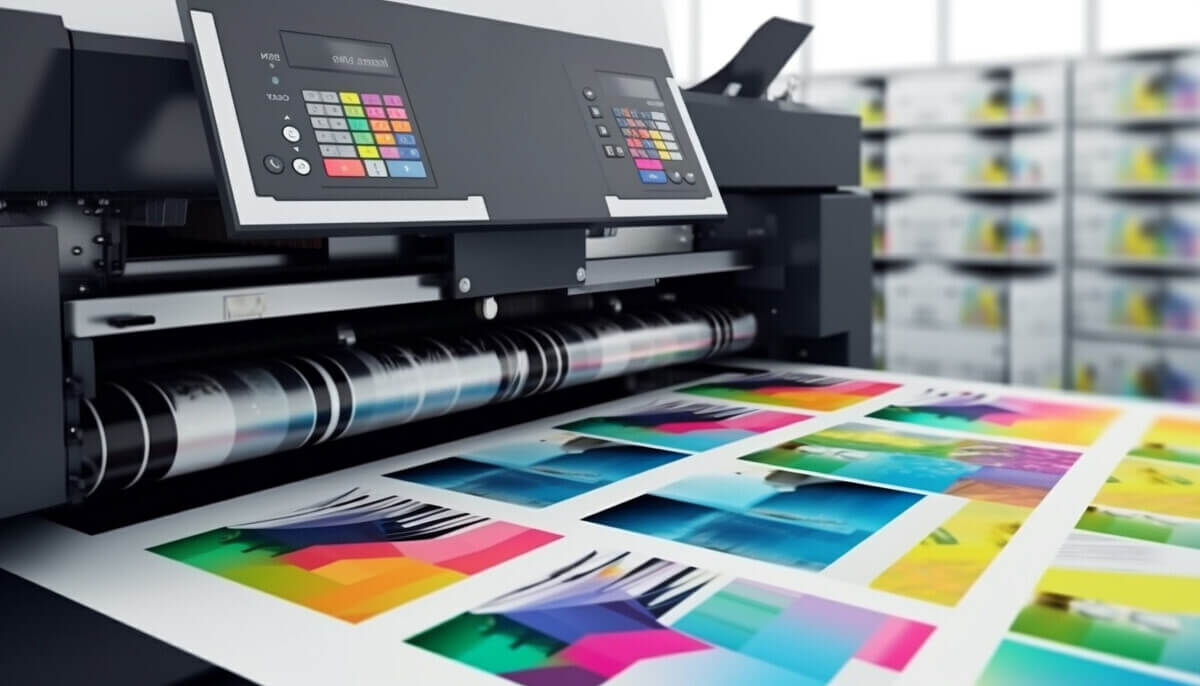Close-up of a printer producing vibrant, multicolored prints. 