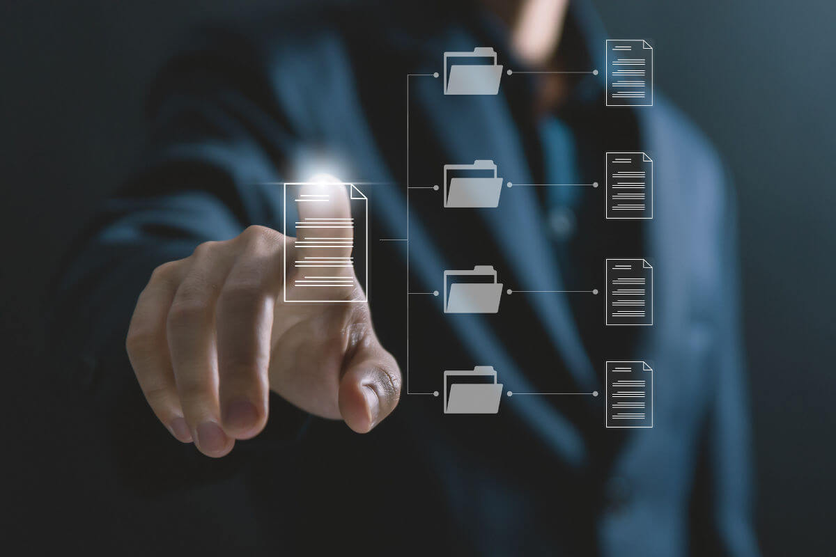 Businessman interacting with virtual document management display