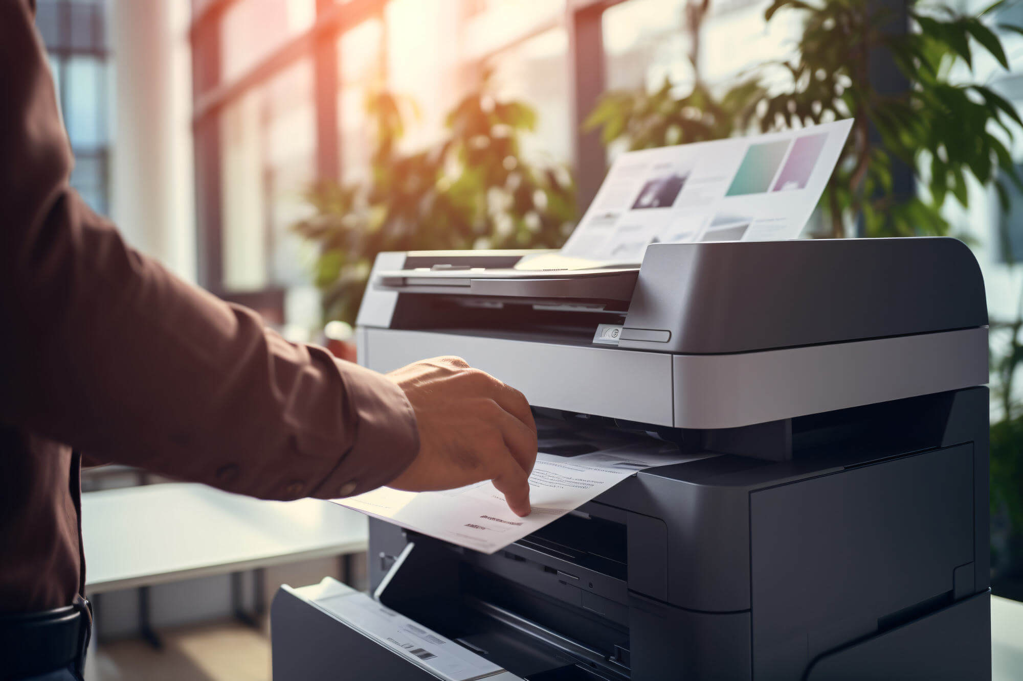 Businessman using a multifunction laser printer in business office