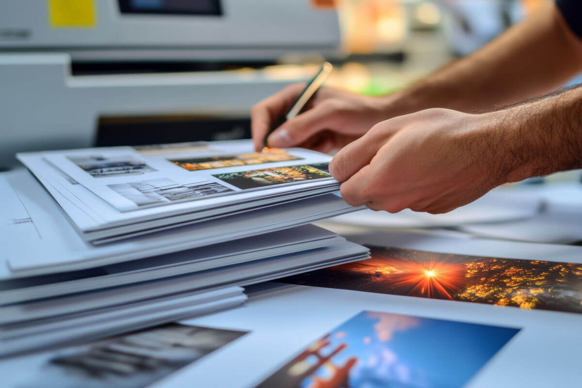 Close up of hands arranging printed images for magazine layout in a print shop environment